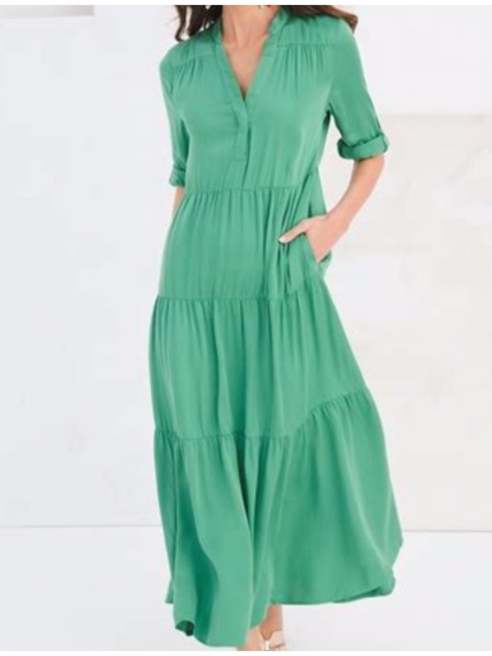 Chico’s Modal Tiered Green Maxi Dress Size 1 8/10 Medium Lagenlook Longline
